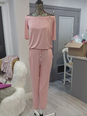 Off-Shoulder Pink Women’s Pajama Jumpsuit